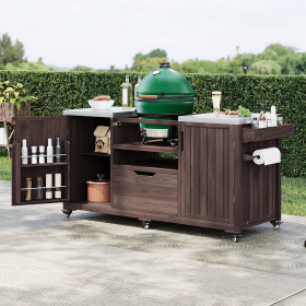 66.5" Outdoor Kitchen Island for Big Green Egg Grills, Solid Wood Outdoor Grill Cart for Tabletop Grill with Stainless Steel Top, Drawer (material: Wood + Stainless Steel, Color: Brown)